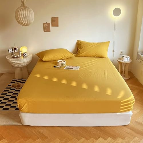 Sedefen Jersey Premium Spannbettlaken 180x200cm Boxspringbett Topper Mikrofaser Superweiches Leintuch Bettlaken Spannbetttuch Gelb Senfgelb für Matratze bis 30 cm hohe