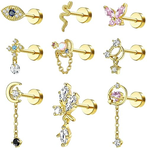 Kakonia 9 stycken 16 g helix piercingar för kvinnor kirurgiskt stål öra piercing fjäril tragus piercing guld silver roséguld dingla platt piercing örhängen brosk helix tragus conch örhängen set, 16G