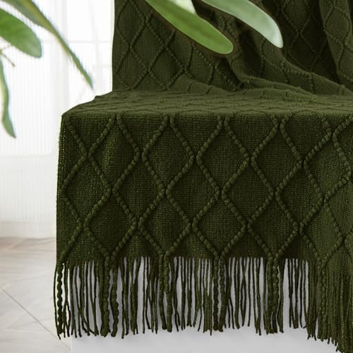 inhand Strick-Überwurfdecken für Couch und Bett, weiche, gemütliche Strickdecke mit Quaste, leicht, dekorativ, Bauernhaus-Stil, warme gewebte Decke für Damen und Herren, 152,4 x 203,2 cm, Dunkelgrün