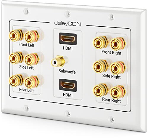 deleyCON Prise Murale Multimédia Haut-Parleur Enceinte Boîtier de Raccordement Plaque Murale avec Prises Banane & 2 Prises HDMI pour Surround Sound System 6.1 et Subwoofer Home Cinéma
