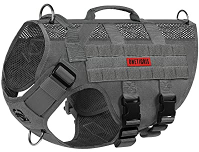 OneTigris Anti Zug Hundegeschirr Grosse Hunde, AIRE MESH Taktisches Geschirr mit 2 Griff & 3 D-Ringen, No Pull Hundegeschirr Mittelgroße Hunde, Atmungsaktiv Verstellbar Brustgeschirr, Grau XL