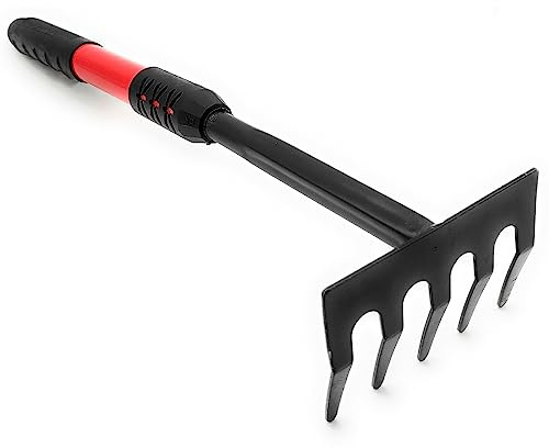 Acan Tradineur - Rastrillo de Mano metálico de 5 Puntas - Mango de plástico ergonómico - Herramienta Manual de jardinería - Longitud de 43 cm