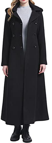 PLAERPENER Trench da donna in lana di cashmere, invernale, caldo, spesso, doppiopetto, giacca lunga, Nero con cappuccio - Stile 12, 12