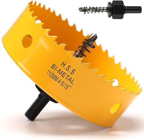 Hole Saw 110 mm, Bi-Metal Hole Saw with Hexagon Tree and Centering Bits, Hole Saw for Wood, Soft Metal, PVC, Yellow