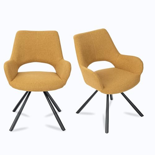 MEUBLE Cosy Esszimmerstühle 2er Set Küchenstuhl Polsterstuhl mit Armlehne Sessel Sitzfläche aus Stoff Metallbeine, Gelb, 58.5x59x81cm