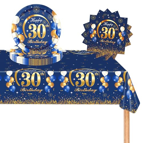 POPOYU 37Pcs Navy Blue Gold 30th Birthday Tableware Set,30th Birthday Napkins Blue and Gold,30th BlueGold Table Cloth,30thBirthday Paper Plates for Him Her Men Women BirthdayGift Party Supplies