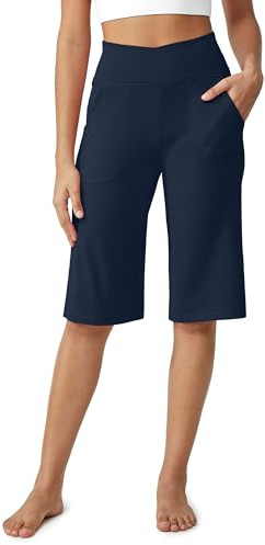 G4Free Cropped Trousers for Women UK Knee Length Shorts Wide Leg Yoga Pants with Pockets High Waist Ladies Capri Stretch Pants Summer Casual