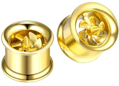 Stfery Plugs 10mm, 2 Stück Flesh Tunnel Stahl Gold Mit Gold Windmühle Ohr Plug Tunnel
