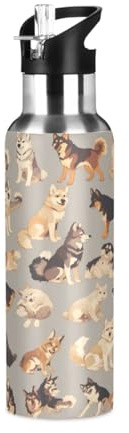 Niigeu Animaux De Compagnie De Chien Rétro De Dessin Animé Bouteille d'eau Isotherme avec Paille en Acier Inoxydable Gourde, Sans BPA Gourdes Eau pour Enfant Sport Randonnée École Bureau (600ml/1L)