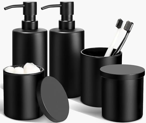 GMISUN Seifenspender Zahnputzbecher Set, Schwarz 5-teilig, Glas Badezimmer Set mit 2 Seifenspendern, 1 Zahnputzbecher, 2 Wattestäbchenhalter, praktischer Badezimmer Organizer