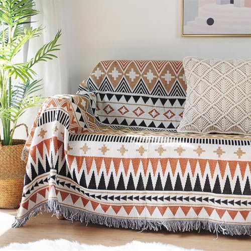 LumiSyne Coperta Azteca Navajo Coperte Plaid In Cotone Intrecciato Con Nappina Stile Etnico Tribale Motivo Geometrico Reversibile Decorativo Coperta Da Tiro Per Letto Divano Arazzo Tovaglia Tappeto