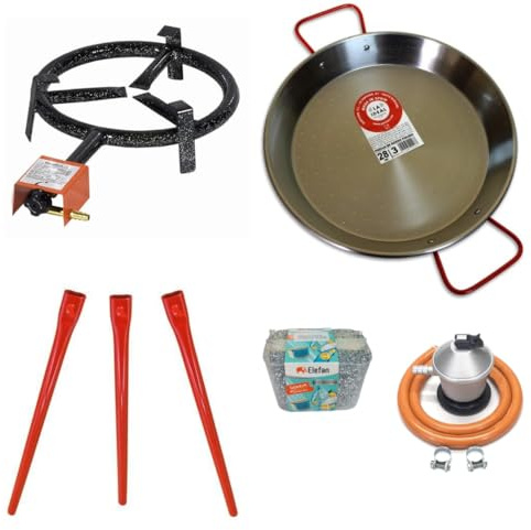 UBOON Kit Quemador Paellero de Gas Butano 20cm + Paellera 28cm + Regulador de Gas, Manguera, Soporte con Patas Reforzadas y Regalo Juego de 3 Esponjas Anti-Arañazos (KIT PAELLERA 28)