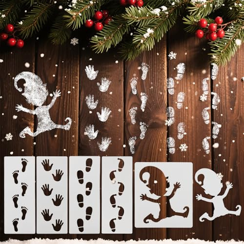 6pcs Plantilla Gnomo Huella Navidad,Plantill Manualidad Enanos,Plantill DIY de Gnomo,Plantilla PET Reutilizable de Pintura Ventana Mesa Enanos/Huella Decoración Navidad
