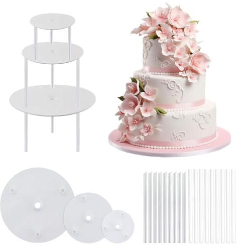 Lot de 18 barres de cheville pour gâteaux à thème avec 3 plateaux à gâteau, présentoir à gâteau, en plastique réutilisable, pour la construction en étapes du gâteau