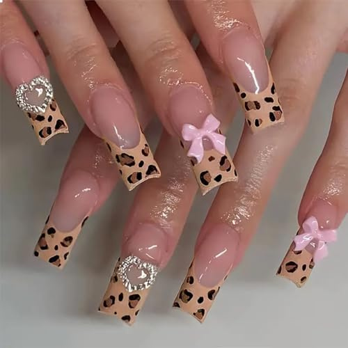 GlamRays 24 Stück Lang Quadrat Press on Nails French Nails False Nails mit Leopardenmuster Designs Vollumspannend Pink Schleife Gel Klebe Nails Glänzend Acryl Künstlich