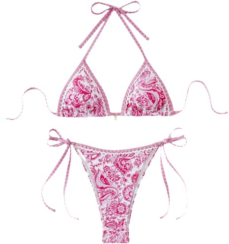 Ocean Plus Femme Boho Triangle Bikini Set avec Armatures Maillots de Bain Bandeau Slips avec Cordon de Serrage (S (EU 32-34), Fleurs Roses)