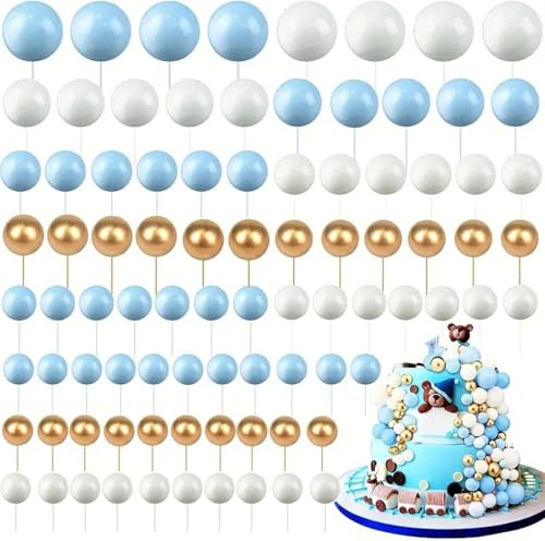 120 Stück Tortendeko Kugeln Cake Topper, BetterJonny Kuchen Dekoration Kugel DIY Mini Ballon Cupcake Einsatz Tortendeko Kugel für Hochzeit Babyparty Geburtstag Torte Dekorieren (Weiß/Gold/Blau)