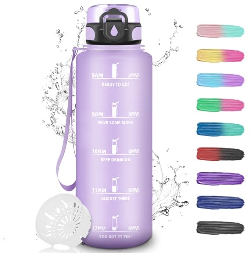 Gourde 1,5l, Anti-Fuite, Sport, Motivation, Facile à Nettoyer, Graduée pour 1 Journée, Plastique avec Marqueur de Temps, Bouteille d'Eau pour Extérieur, Camping, Bleu-Vert