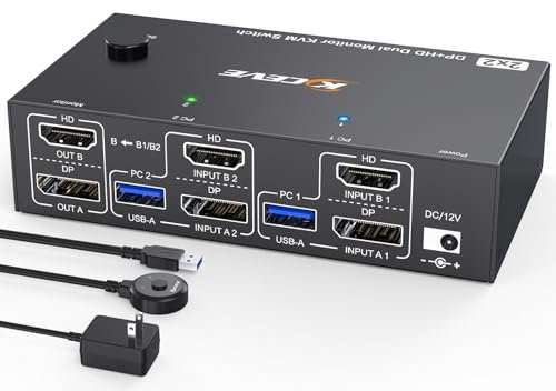 8K@60Hz Switch KVM 2 PC 2 Monitor 4K@144Hz,MLEEDA HDMI+Displayport Dual Monitor KVM Switch 2 PC Condivisi 2 Monitor e 4 Porte USB 3.0, Dotato Alimentatore 12V, Telecomando Cablato e Cavi USB