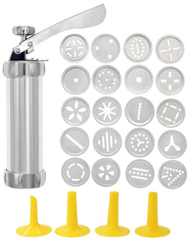 Stainless Steel Cookie Press Christmas Cookie Press Gun Cookies Maker with 20 Cookie Discs and 4 Icing Nozzles for DIY Christmas Cookie Maker and Decorating Cookies