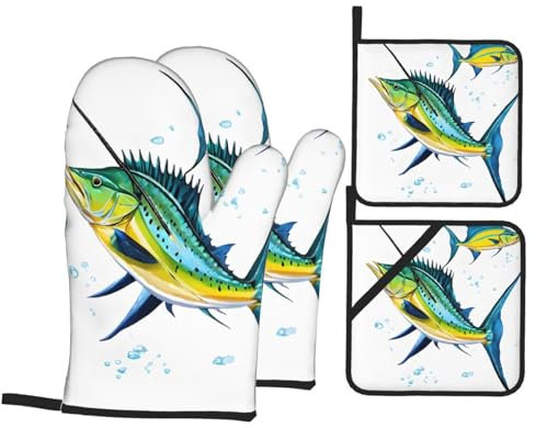 Guanti Da Forno E Presine Da Cucina Set, Fish Art Guanti Da Cucina Addensare Guanti Da Barbecue Professionale Kit Guanti Da Forno Per Cucinare Microonde Cottura