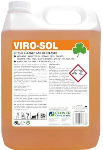 Viro-Sol Citrus Cleaner and Degreaser, 5L, Removes Oil, Grease, Fats, Carbon, Nicotine, Inks, Dyes, Blood, Sugars, Starch, Mildew (5 Ltr) Christeyns Clover