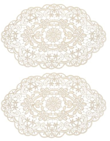 QUARKZMAN 2er-Pack Retro-Spitzen-Tischsets 12x18-Zoll-ovale bestickte Tischsets französische Häkeldeckchen-Untersetzer für Zuhause Hochzeit, Khaki