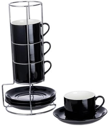 Qianly Tazzine Da Caffè in Ceramica, Impilabili, Multiuso, Robuste, Tazze Da Caffè, con Piattini E Tazze Da Caffè con Supporto in Metallo per Tè E Latte, 3 once