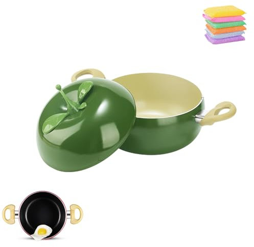 Cacerola poco profunda con tapa, cacerola de hierro fundido, olla de hierro fundido esmaltado for sopa, cocotte de tomate, olla antiadherente for sopa, lata de pasta, olla multifunción(Green)