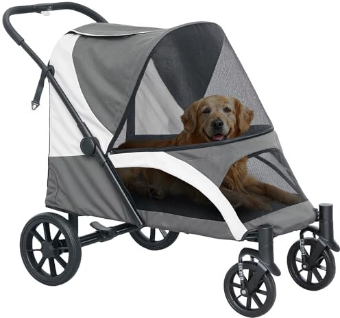 PawHut Hundewagen Hundebuggy klappbar für große Hunde & Katzen bis 30 kg Katzenbuggy mit Kissen Netzfenstern Türen Aufbewahrungstasche Katzenwagen Buggy Dunkelgrau