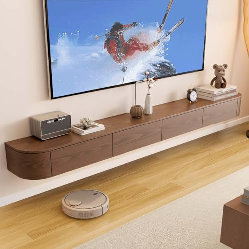 Ribanedy Massivholz Moderner Schwebender TV-Ständer | Wandmontierte Entertainment-Konsole mit Klapptüren | Geräumige TV-Bank für Wohnzimmer & Büro (Braun, 180 cm)