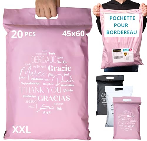 EMBALLAX - 20 Mailing Bags with Bag for Shipping Label - XXL 60 x 45 cm - Resistant/Waterproof - Shipping Bags for Clothes - Shipping Envelope for Boxes - Shipping Bags - Thank You