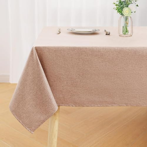 smiry Rectangular Table Cloth Wipe Clean 140x200 cm, Wipeable Water Resistant Linen Tablecloth, Fabric Washable Dining Table Cover for Kitchen Indoor Outdoor, Light brown