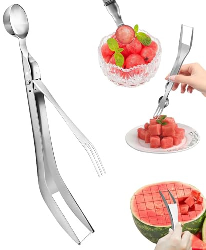Uclac 1pc Watermelon Fork Cutter Slicer, 3-in-1 Stainless Steel Fruit Cutting, Portable Melon Baller Scoop Set, Summer Fruit Cutting Carving Tool for Home Restaurant Party Camping Gadgets