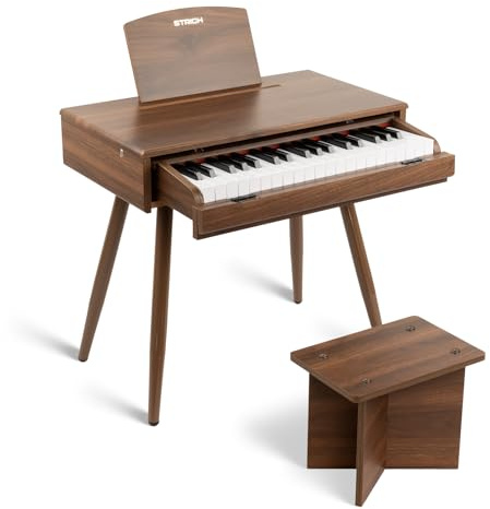 STRICH Ensemble de clavier de piano pour enfants à 37 touches, mini piano numérique pour enfants avec chaise de support, tiroir en bois pour 3 filles et garçons et plus, couleur noyer, SEK-50