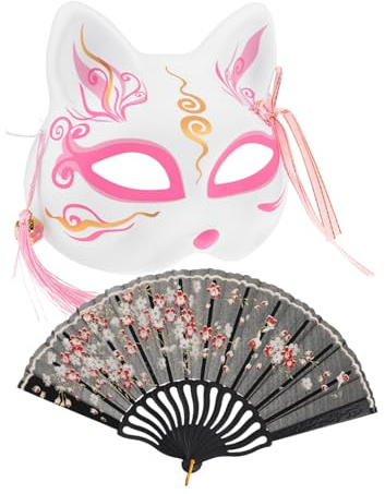 WRITWAA 1 Ensemble Masque Mâché avec Éventail Pliant pour Costume Kimono et Masquées