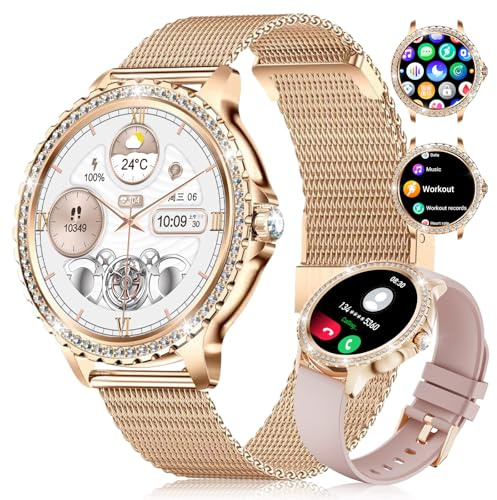 LIGE Smartwatch Damen 1.32 Rund Touchscreen mit Telefonfunktion, Fitnesstracker Damen 120+Sportmodi/IP68/Herzfrequenz/Menstruationszyklus Diamond Smart Watch für iOS Android (Netzgürtel)