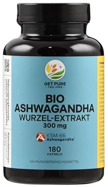 GET PURE - FEEL FREE - Bio-Ashwagandha - 300 mg - 180 Kapseln - Glutenfrei, Vegan, ohne Gentechnik - für Stressmanagement und Vitalität