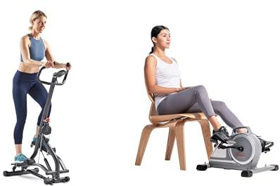 Sunny Health & Fitness Magnetic Under Desk Mini Exercise Cycle Bike, Dual Function Pedal Exerciser + Stair Stepper w/Handlebar, Extended Step Range Machine for Climbing Exercise, Height-Adjustable