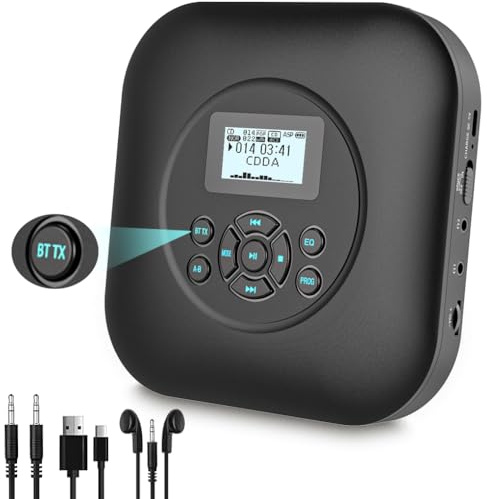 Tragbarer CD Player mit Bluetooth,Wiederaufladbarer Bluetooth CD Player mit Lautsprecher Stoßschutz/Anti-Skip-Schutz, AUX-Kabel und Kopfhörer für Haus Auto & Reisen CD Player Tragbar