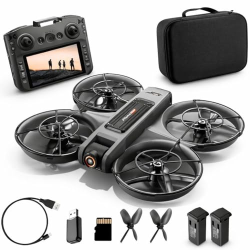 RC-Quadrocopter, (Drohne mit 12,5-cm HD-Display-Fernsteuerung, komplett geschütztem Propellerdesign), Dualkamera mit 90° Winkel & 50x Zoom, Optical-Flow, Brushless-Motoren (Akkus: 2 St)