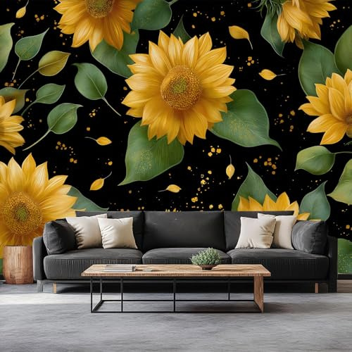 Carta da parati Fiori Acquerello Girasole Stile Luminoso Fotomurali in TNT Murale alla Moda Decorazione da Muro Panoramico Poster Design Carta per pareti 350 x 256 cm Nero Fotomurale