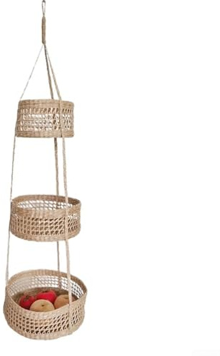 Hanging Fruit Basket for Kitchen, 3 Tier Wicker Storage Basket, Natural Rattan Hanging Planters, Handmade Wall Mounted Fruit Holder