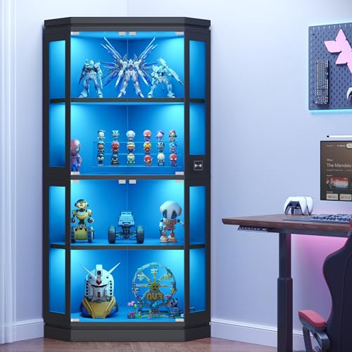 Jocoevol Corner Display Cabinet with Glass Doors,3 Color LED Lights,Black | 170cm Tall, 4 Tier Glass Display Cabinets with Human Body Sensor & Rebounder Door, Display Case for Living Room
