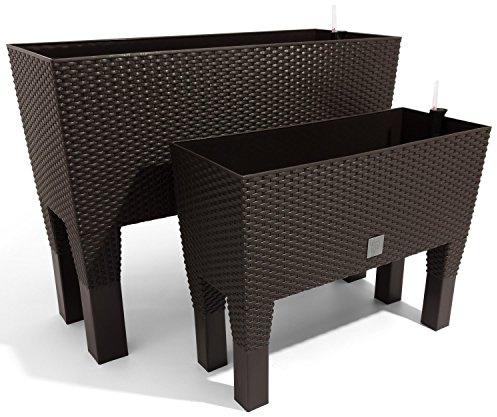 Prosperplast 2er Set 30L 72L Pflanzkübel Pflanzkasten mit Bewässerunssystem Rattan Optik Blumentopf Füßen braun
