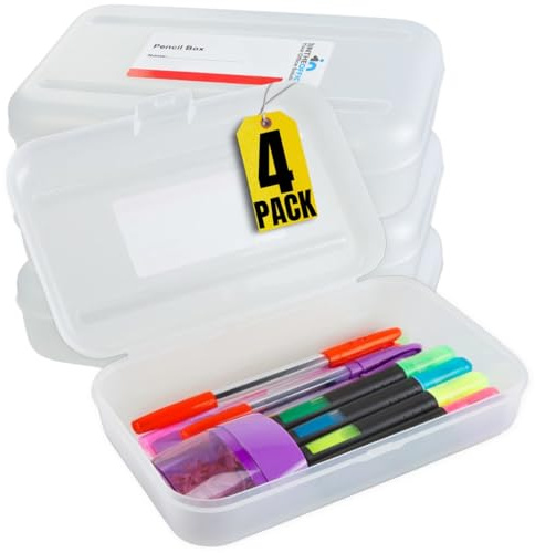 1InTheOffice Clear Pencil Box, Pencil Case Plastic Box, Translucent, Large Capacity, Snap-Tight Lid, 4 Pack