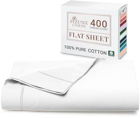 Pizuna 100% Cotton Flat Sheets Double White, 400 Thread Count Long Staple Cotton Bed Sheets Double 230x280 cm, Soft Sateen Weave Top Sheet Double (Cotton Double Flat Sheet White)