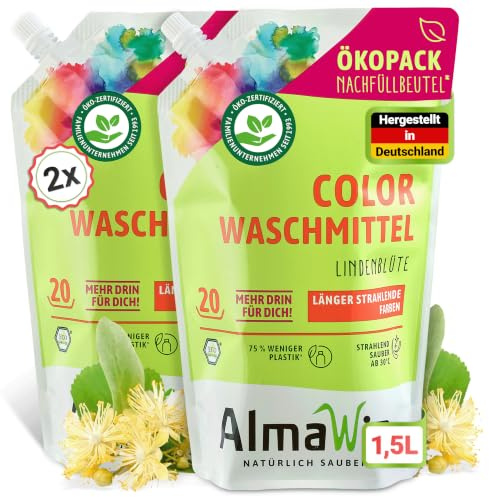 AlmaWin® Color Waschmittel flüssig [2x1,5L - 40 Ladungen] mit Lindenblüten-Duft für strahlende Reinheit - Öko Waschmittel Color 30-60°C - Flüssigwaschmittel Vegan im Öko-Pack Nachfüllbeutel