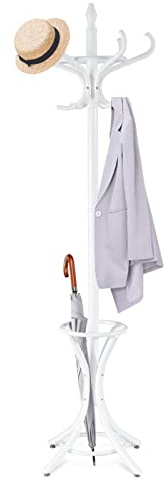 RELAX4LIFE Garderobenständer Holz, Garderobe Aufhänger inkl. 12 Kleiderhaken, Kleiderständer mit Schirmständer, Stabiler Jackenständer, bis 10 kg belastbar, für Mäntel & Hüte & Hosen, 184 cm (Weiß)