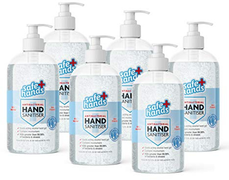 Safe Hands | Hand Sanitiser Gel | 70% Alcohol | 500ml (6 Pack) | Antibacterial & Antiviral Hand Sanitizer | Kills >99.99% of Bacteria & Viruses | Fully Certified | Contains Moisturisers | Refill